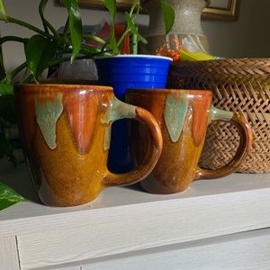 Pair of Vtg Dryden Glossy Drip Glaze Pottery Mug Brown Green Orange 4" w/ Handle